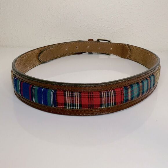 Fossil Patchwork Plaid Leather Belt Brown Brass Buckle Women’s S VGUC - Picture 3 of 9